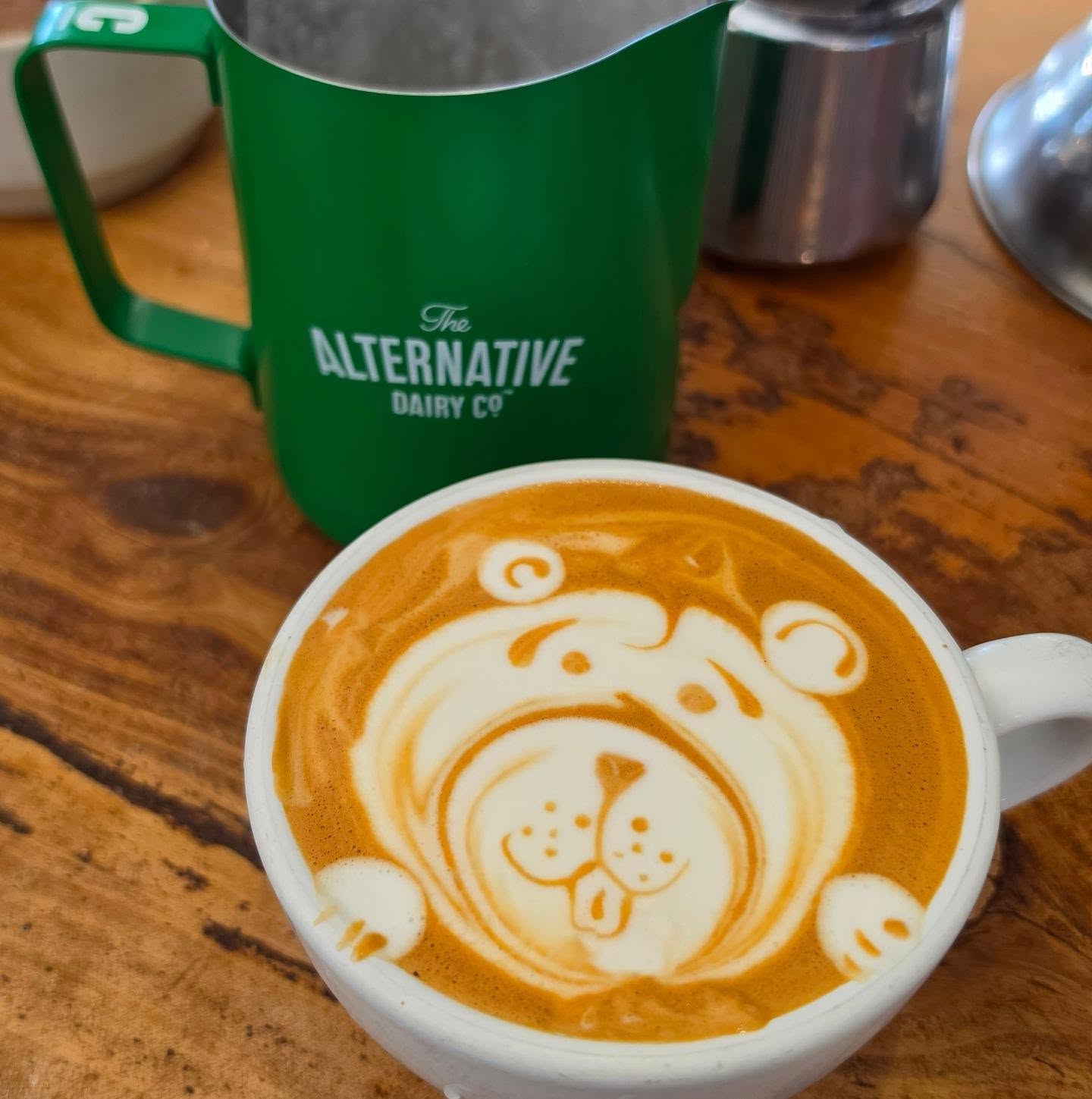 Bear latte art next to a green Alternative Dairy Co milk jug