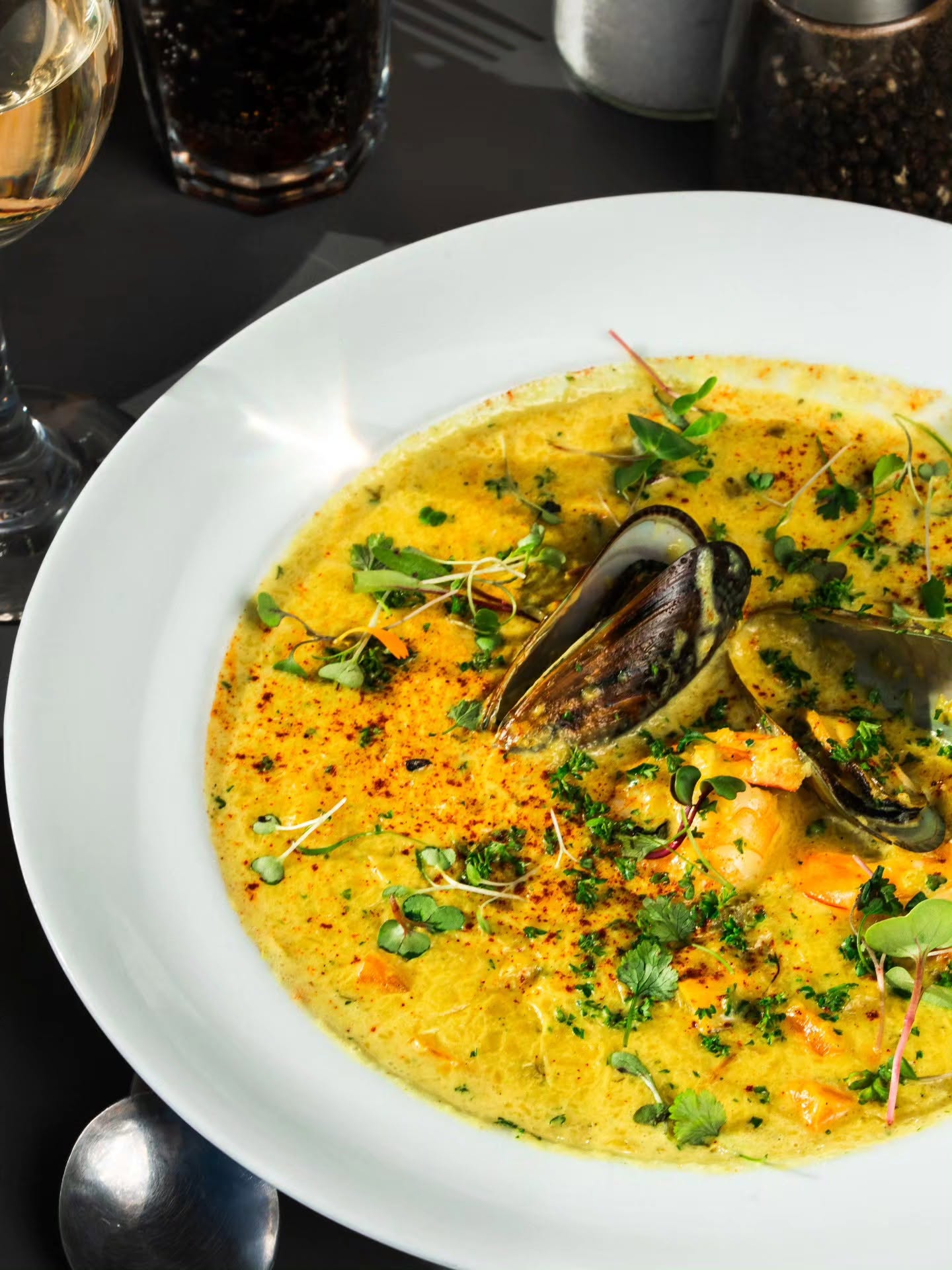 Seafood chowder with mussels in a white bowl